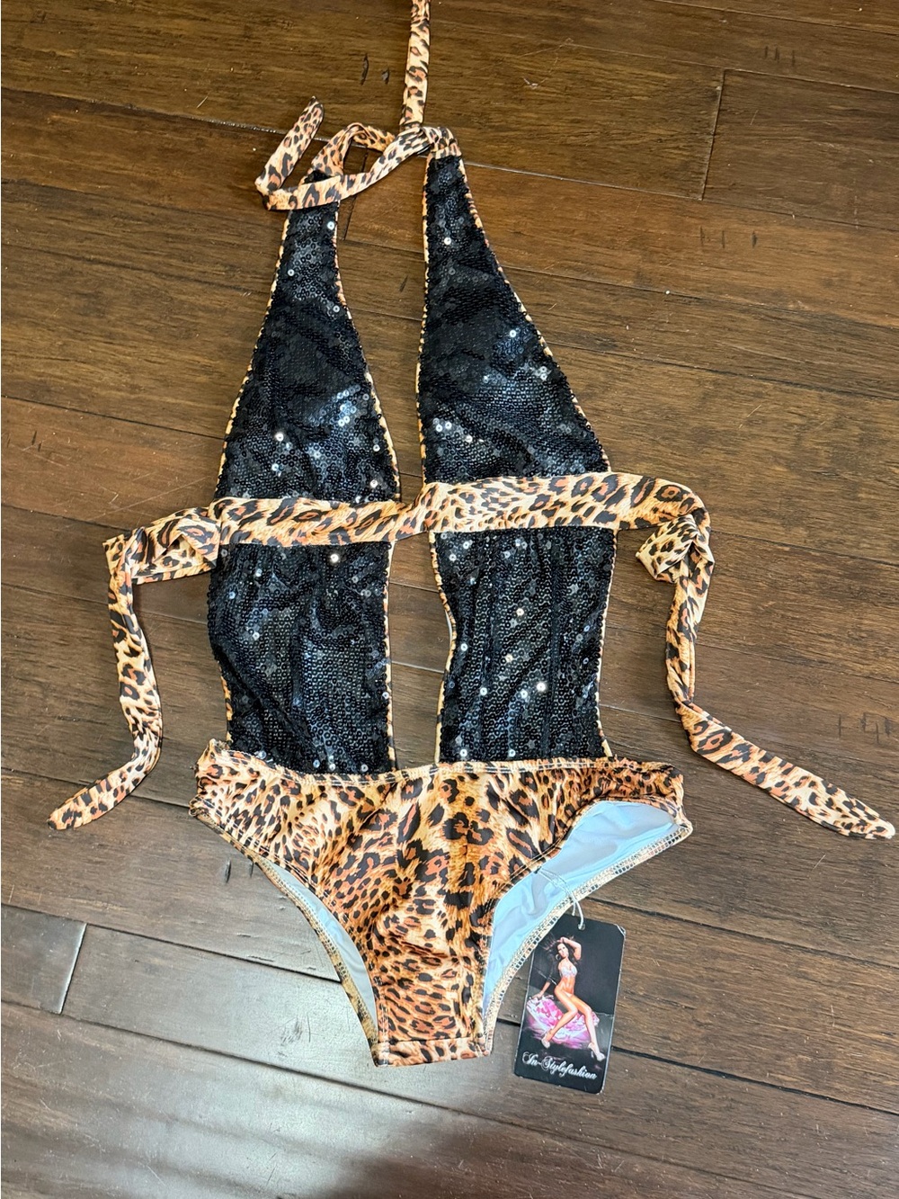Black Sequin & Leopard Print One-Piece Swim Suit